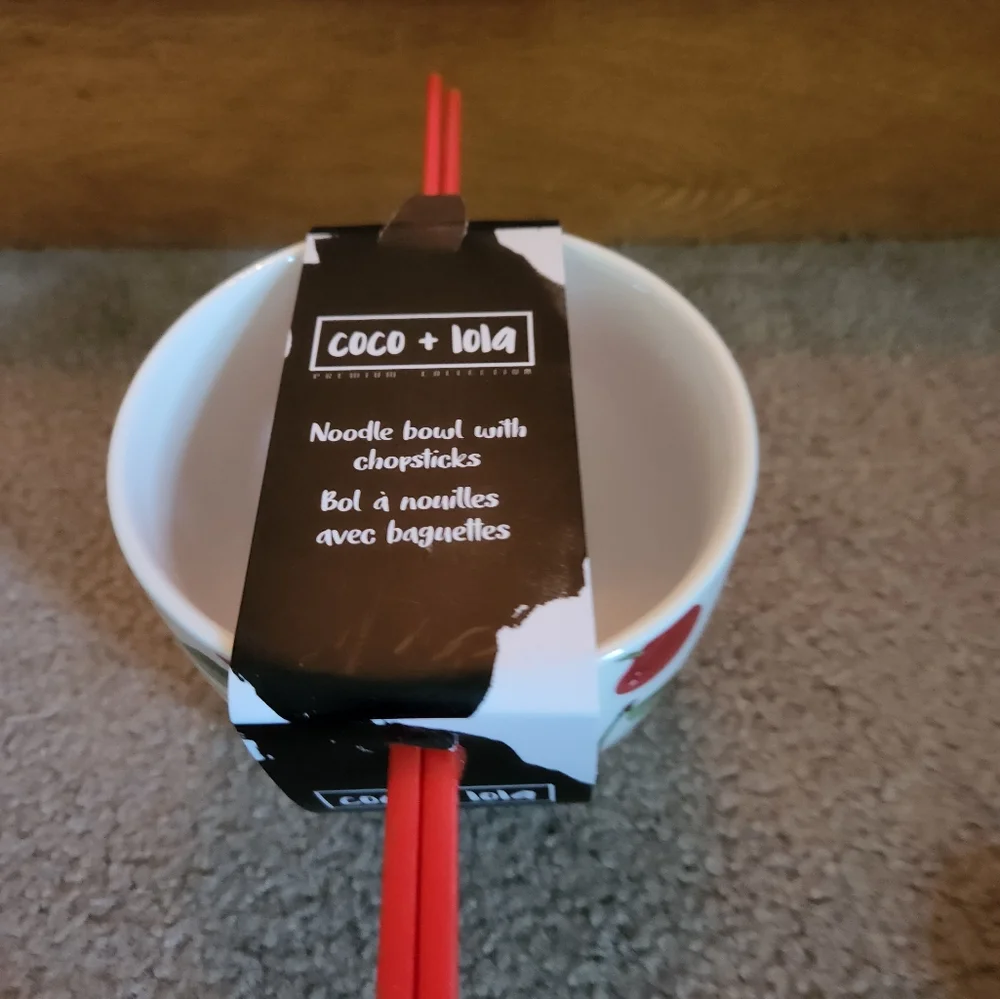 Coco+Lola Cherries Noodle Bowl Small Ceramic With Chopsticks New